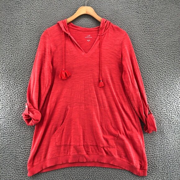 J Jill Hoodie Womens Extra Small Orange Roll Tab Sleeves Knit V Neck Pocket Tee* - Picture 1 of 11